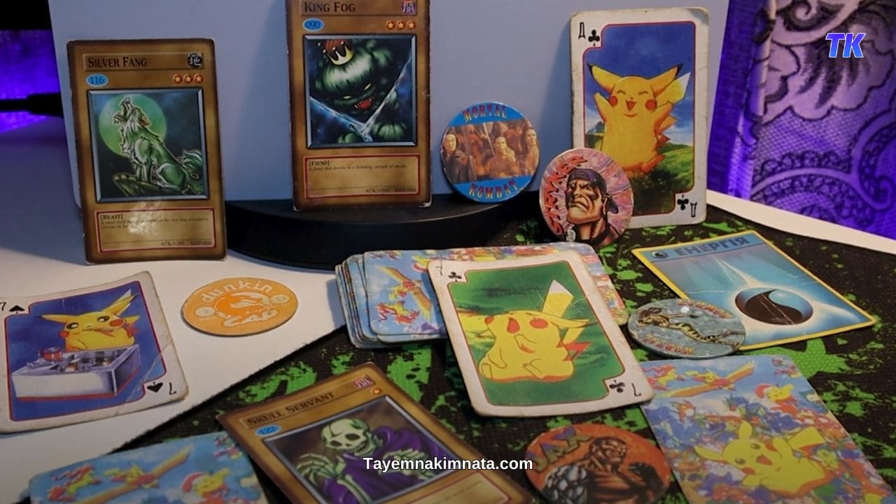 Скарби дітей 90-х та 2000-х. Картки Покемонів та Yu-Gi-Oh, фішки із сухариків Флінт й Mortal Kombat. Та наклейки із жувальної гумки.